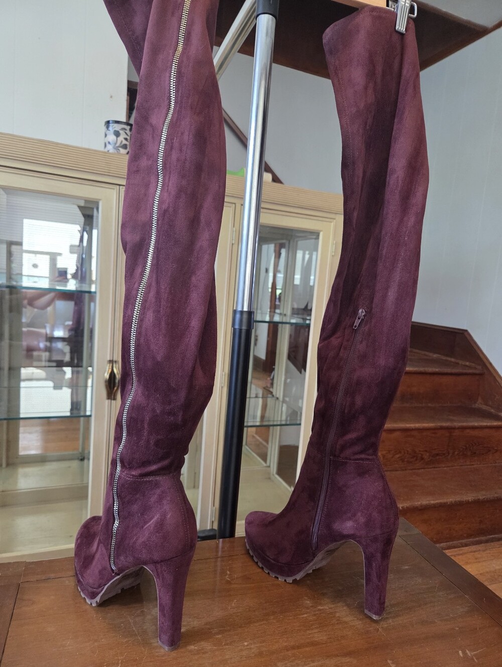 Oxblood Faux Suede Platform Heeled Over The Knee Boots - Picture 4 of 11